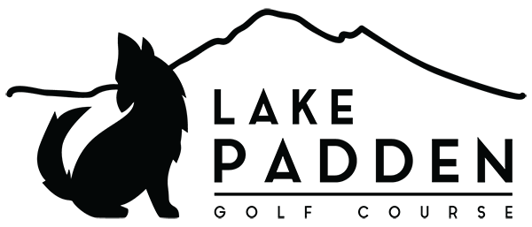 Logo for Lake Padden Golf Course featuring a silhouette of a sitting dog with a mountain outline above, and the text Lake Padden Golf Course in bold, modern font.