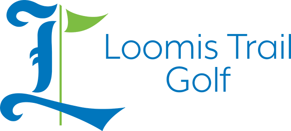 Logo for Loomis Trail Golf featuring a large, stylized blue letter L with a green flag, alongside the text Loomis Trail Golf in blue on a light background.
