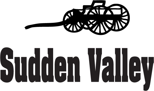 Black silhouette of a wagon with large wheels above bold black text reading Sudden Valley on a light background.