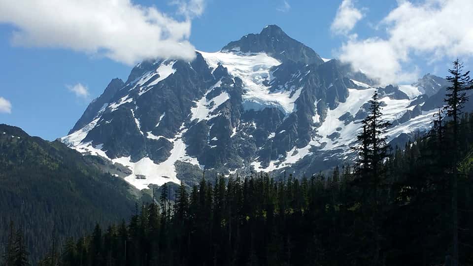 Snow-capped mountain peak with glaciers, surrounded by evergreen trees in the foreground, under a partly cloudy blue sky.